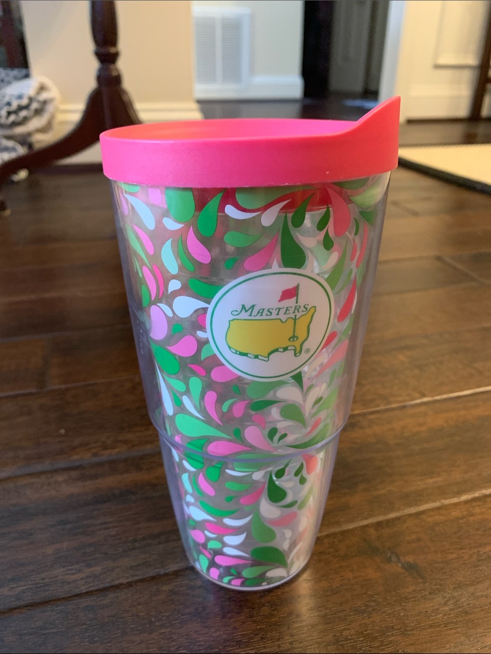 Masters Logo Pink & Green Swirl Travel Tervis Tumbler with Pink Lid